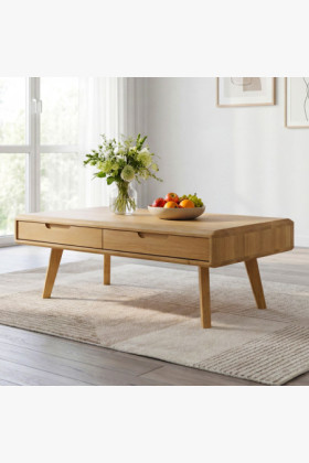 Tömör tölgy dohányzóasztal lábakkal és 4 fiókkal, természetes tölgy